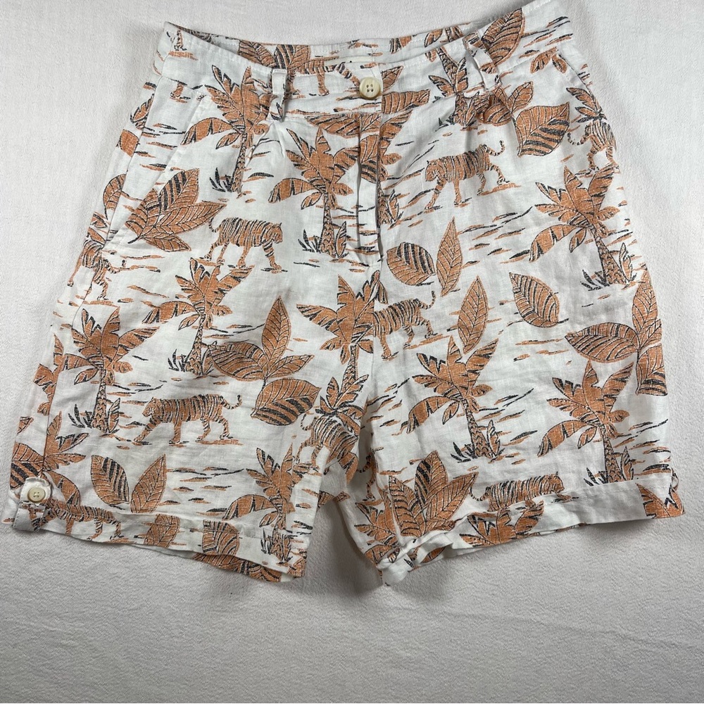 Tropical Tiger Print 100% Linen  Shorts - White & Tan
